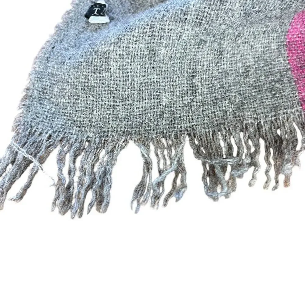 Talbots Womens Gray Pink Green Plaid Wool Fringe Scarf Wrap Warm Winter 54x58